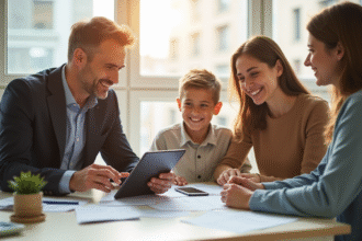 Agent d'assurance discutant avec une famille dans un bureau lumineux