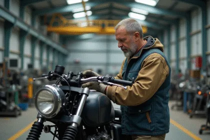 Mécanicien moto en atelier avec sidecar en cours d'assemblage