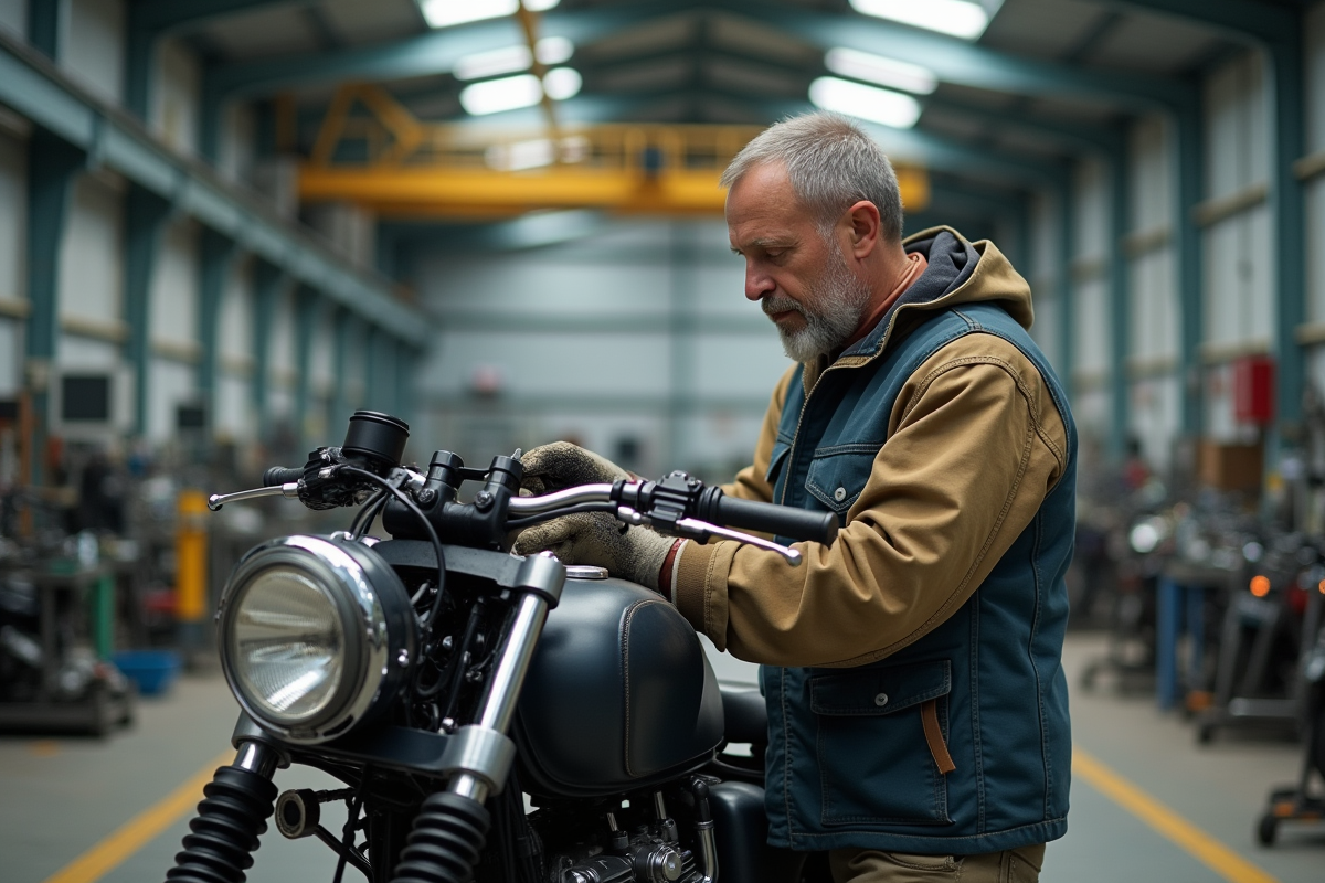 Mécanicien moto en atelier avec sidecar en cours d'assemblage