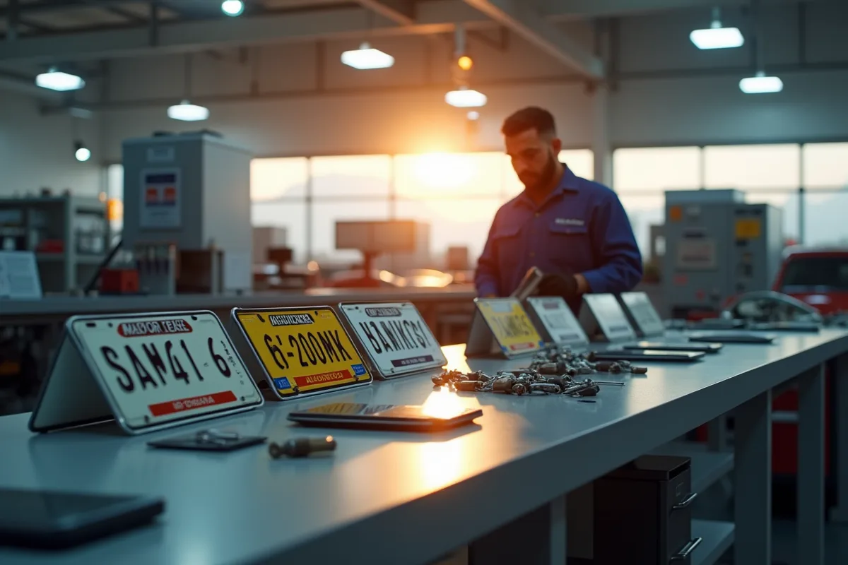 Atelier automobile lumineux avec mécanicien préparant des plaques