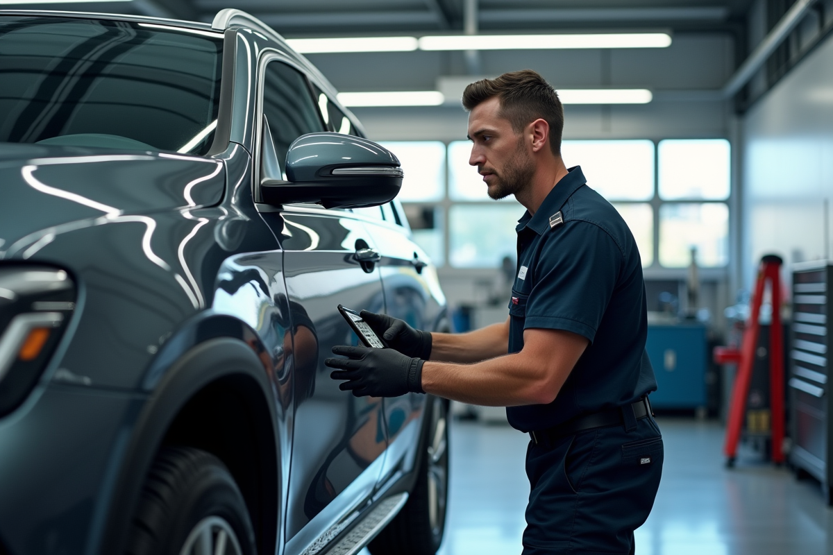 Technicien automobile examinant une voiture endommagée en atelier