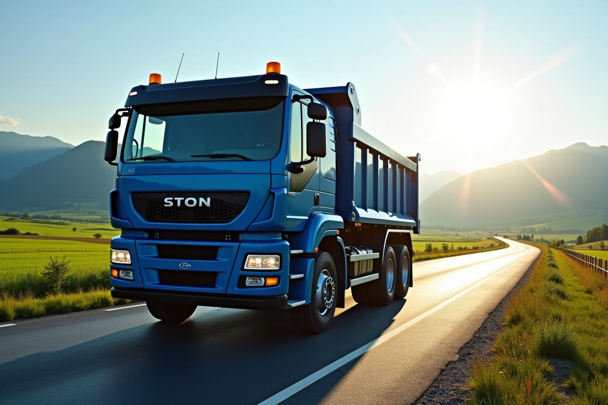 Camion benne bleu roulant en campagne avec montagnes en arrière-plan