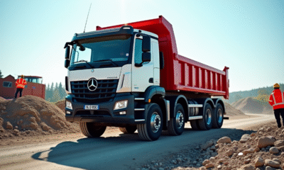 Camion benne neuf en chantier avec bras levé et ouvriers