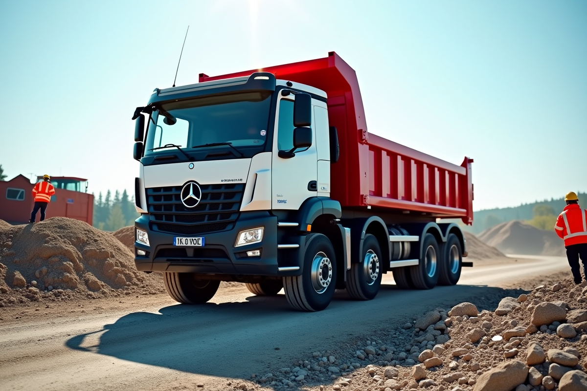 Camion benne neuf en chantier avec bras levé et ouvriers