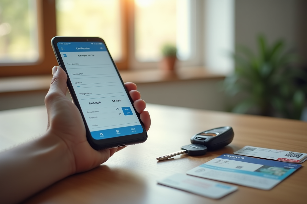 Personne tenant un smartphone avec certificat de voiture digital