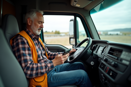 Conducteur de camion utilisant une application mobile dans la cabine