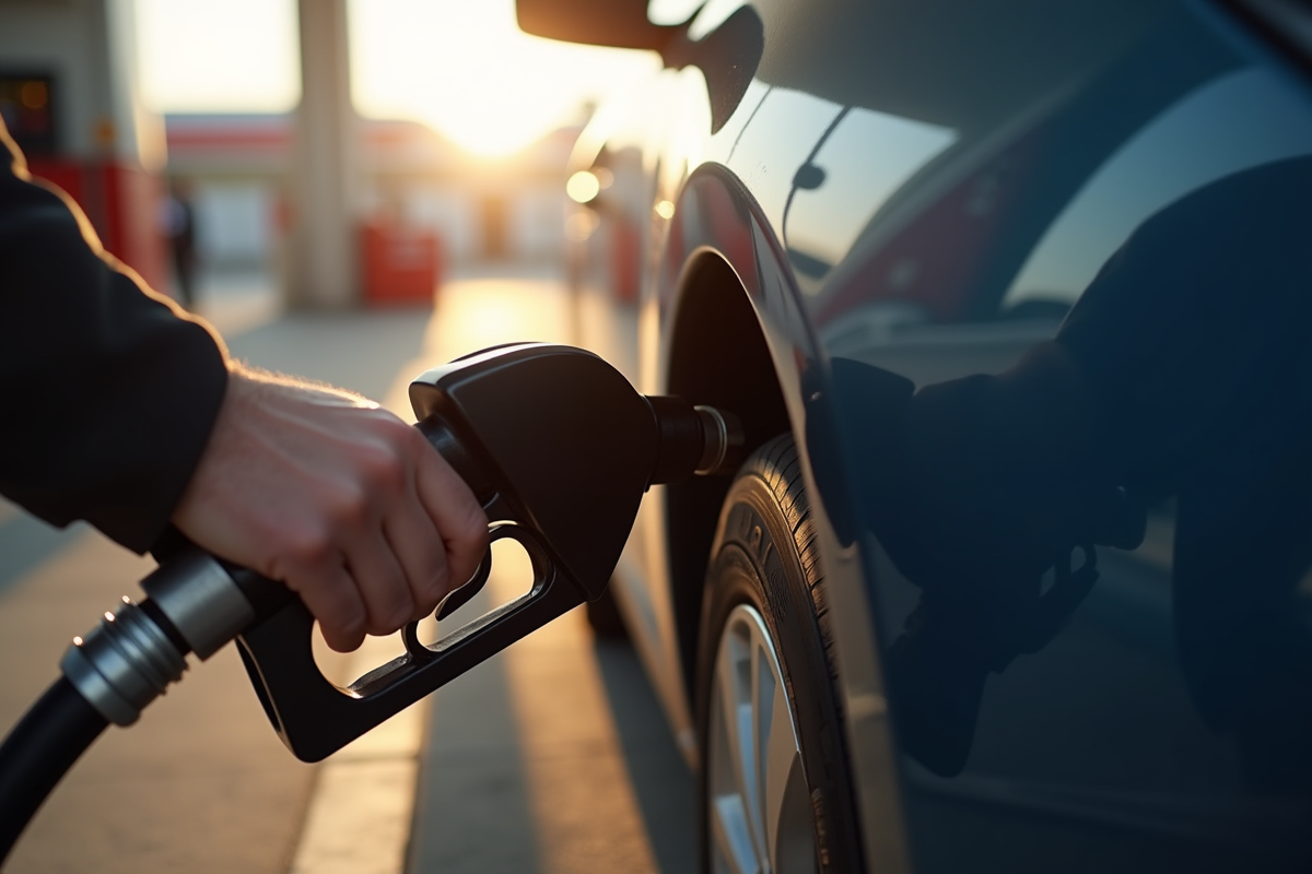Main vérifiant la pression d'un pneu de voiture au matin