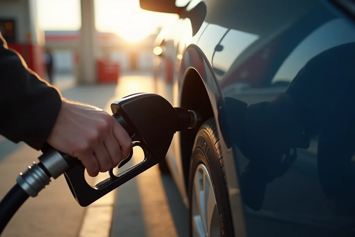 Main vérifiant la pression d'un pneu de voiture au matin