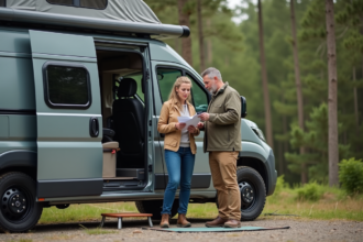 Couple vérifiant une checklist près de leur van de camping