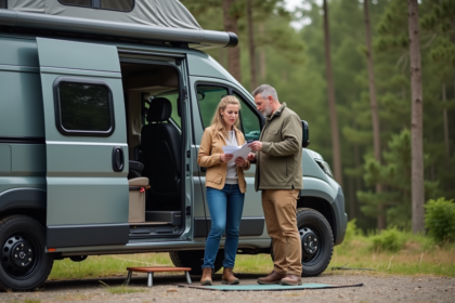Couple vérifiant une checklist près de leur van de camping