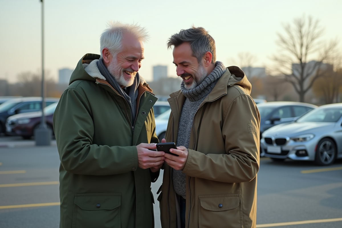 Deux hommes riant en regardant leur smartphone dans un parking