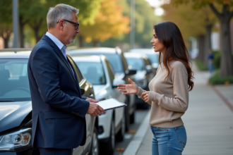 Homme en costume et femme discutant après un accident en ville