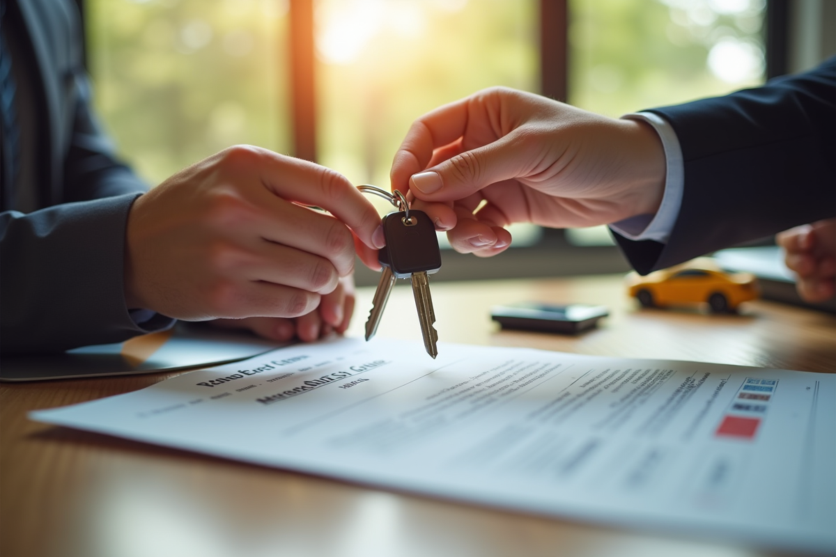 Main échangeant clés de voiture et documents d exemption sur un bureau ensoleillé