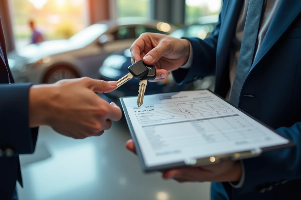 Deux mains échangeant des clés de voiture sur une facture de réparation