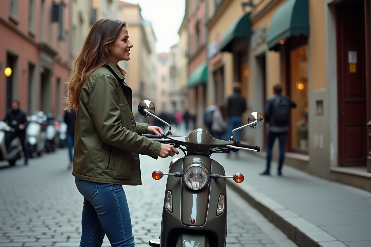 Femme en jean ajuste des retros sur sa moto en ville