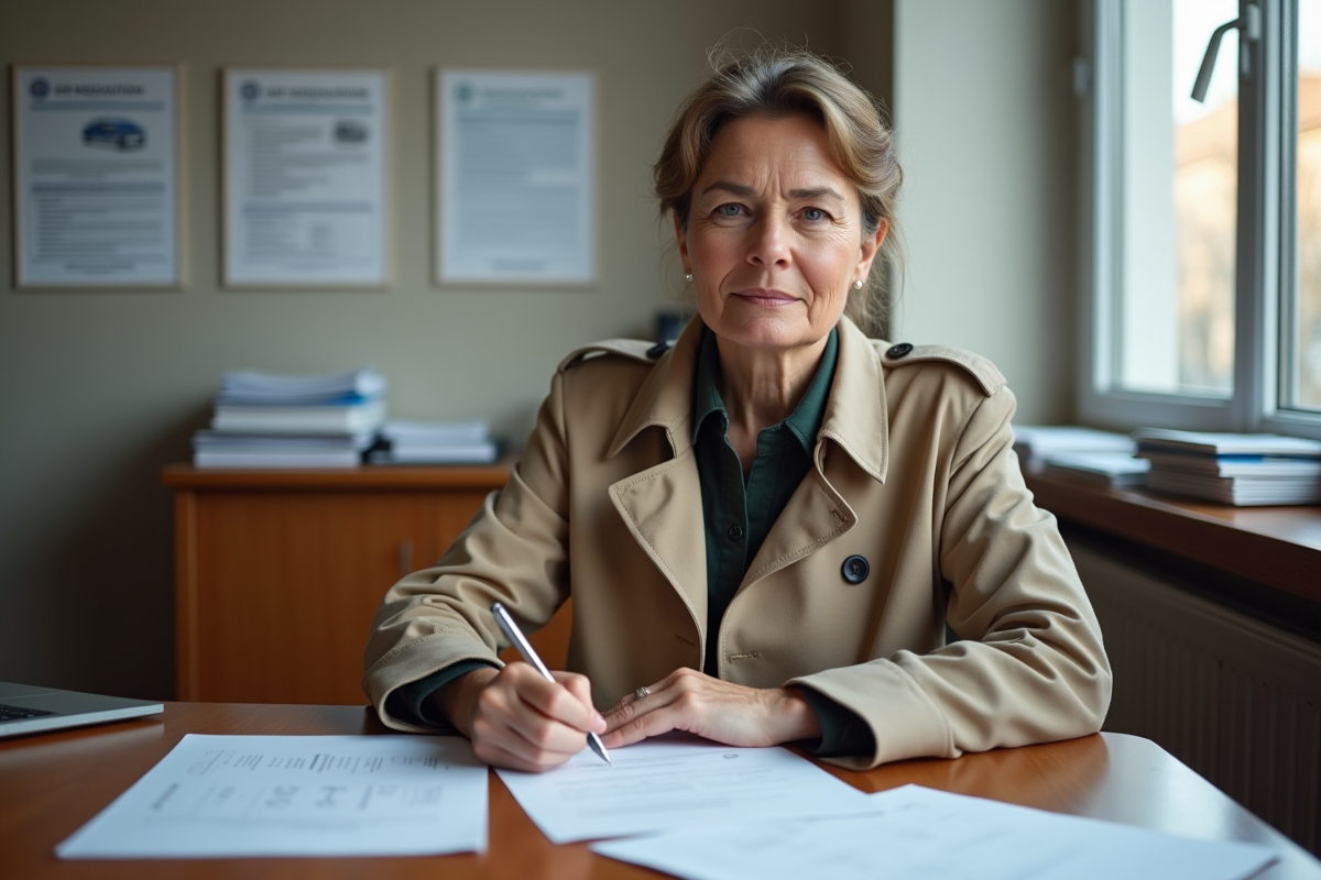 Femme en trench dans bureau administratif français