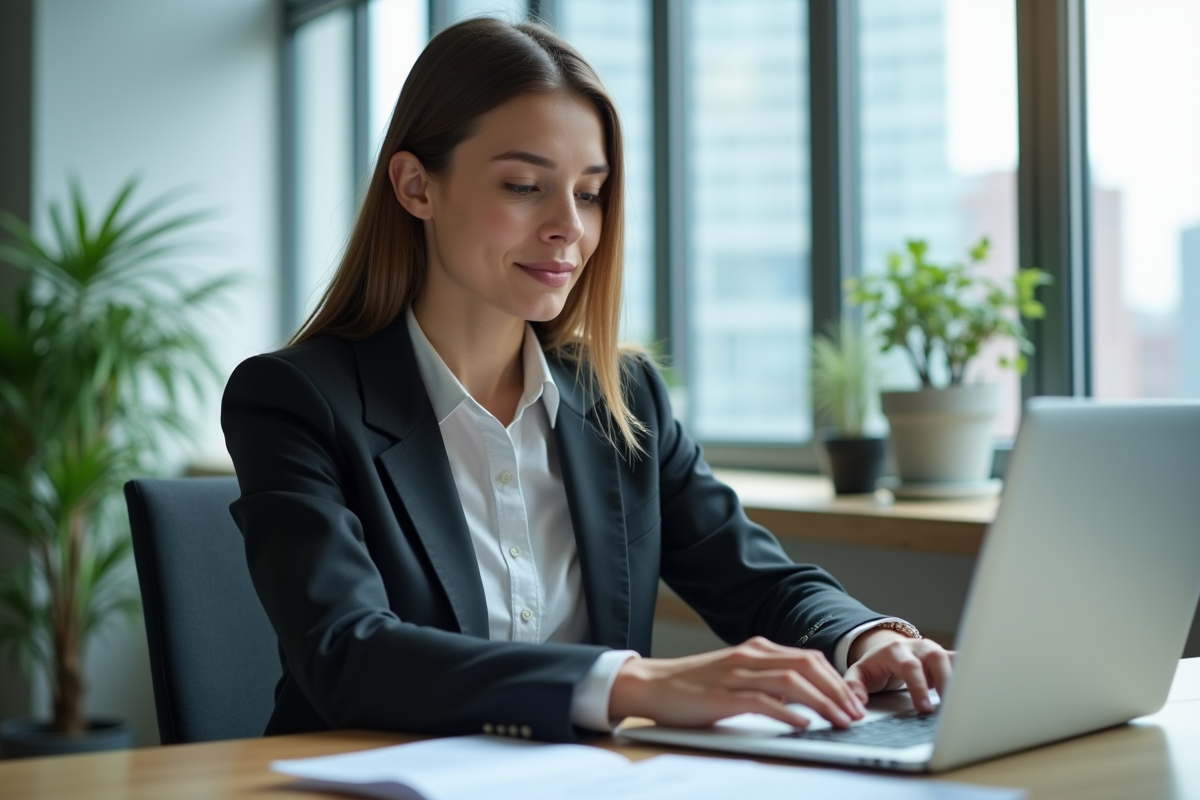 Jeune femme en costume travaillant sur un ordinateur dans un bureau moderne