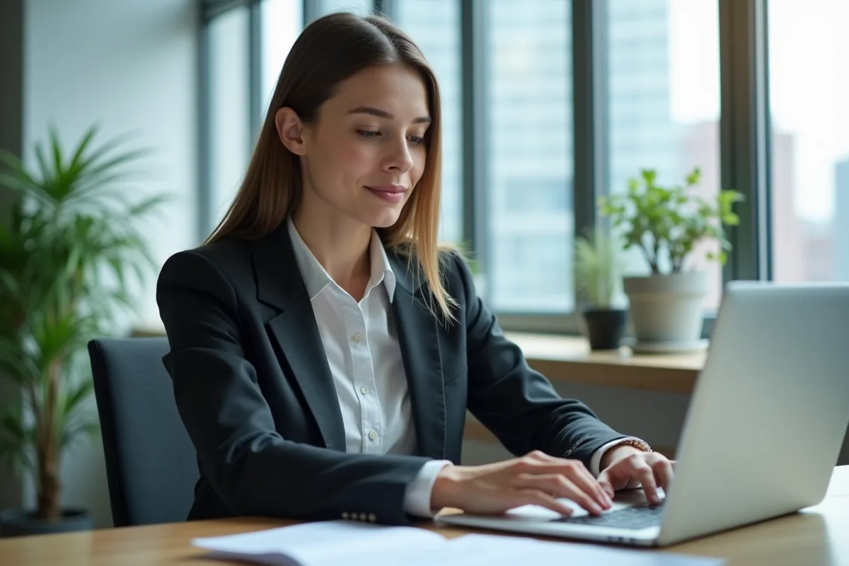 Jeune femme en costume travaillant sur un ordinateur dans un bureau moderne