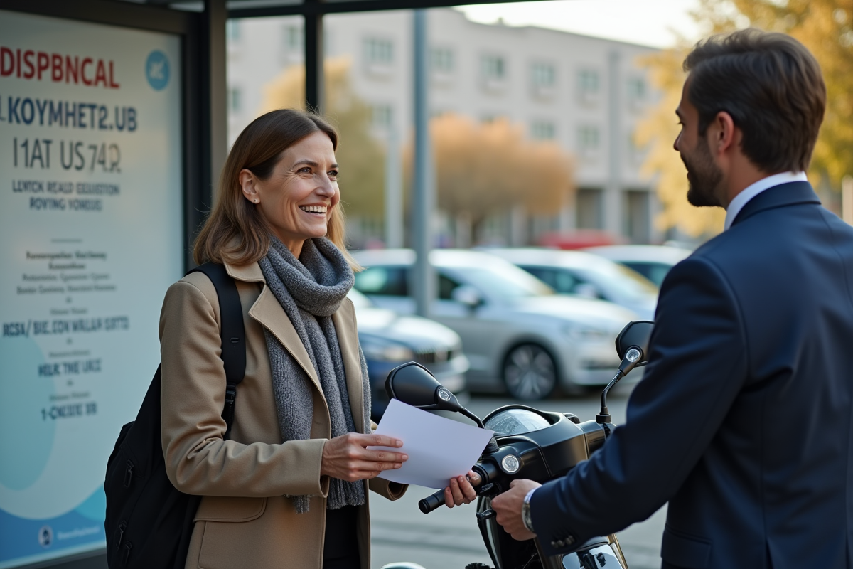 Femme remettant papier à agent devant moto et kiosque
