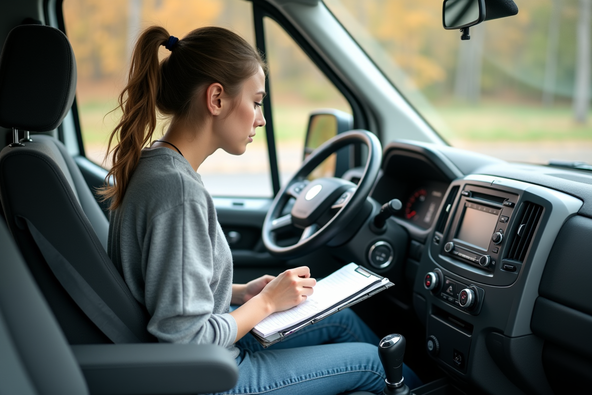 Jeune femme inspectant le tableau de bord d