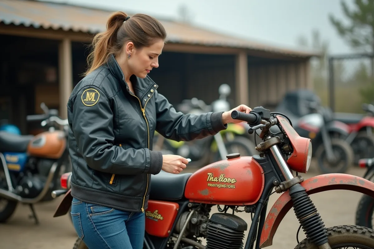 Femme inspectant une moto de motocross d