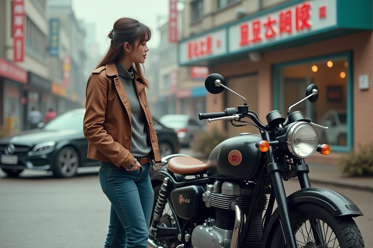 Jeune femme inspectant une moto sidecar en extérieur