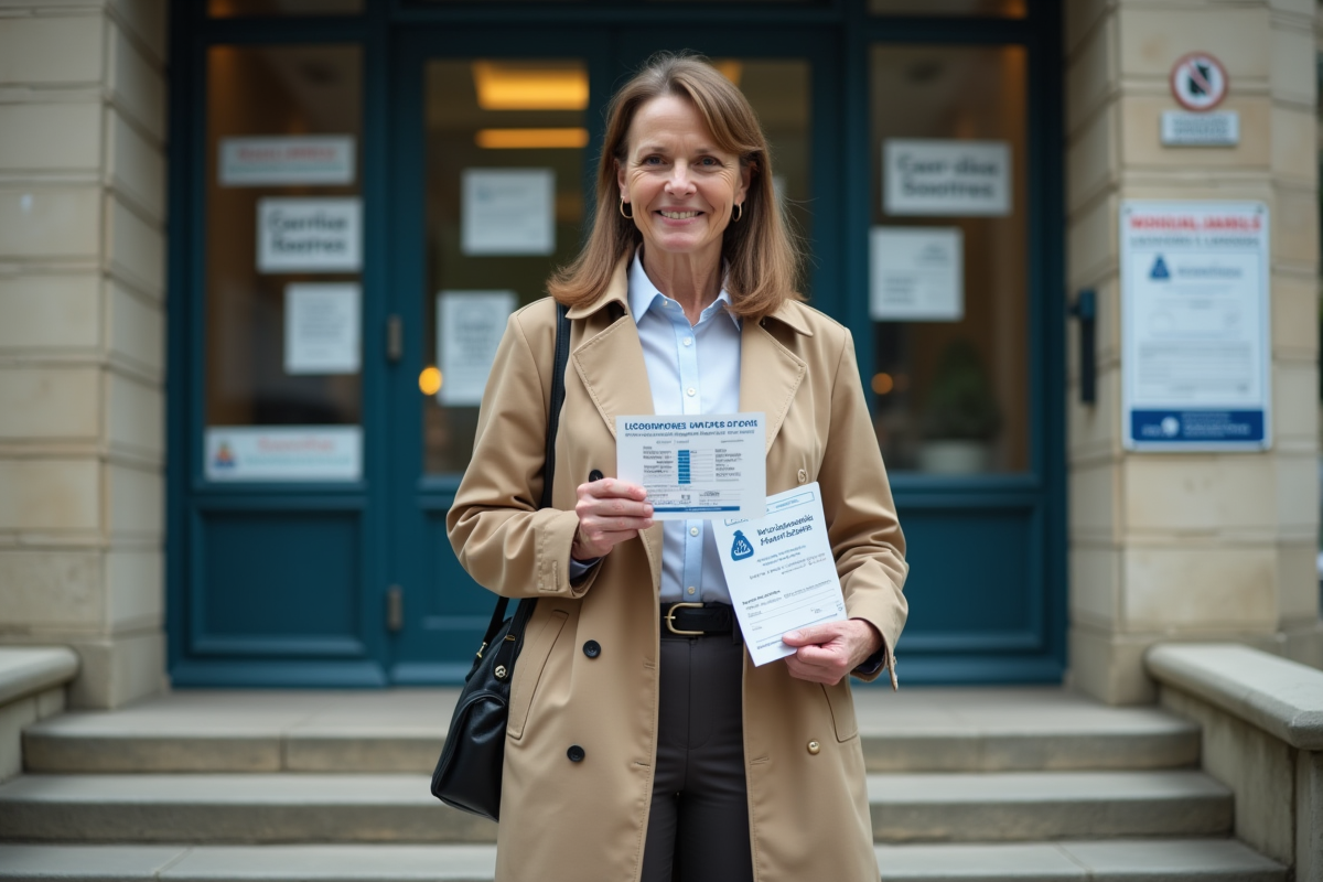 Femme française vérifiant ses documents de scooter devant la DMV