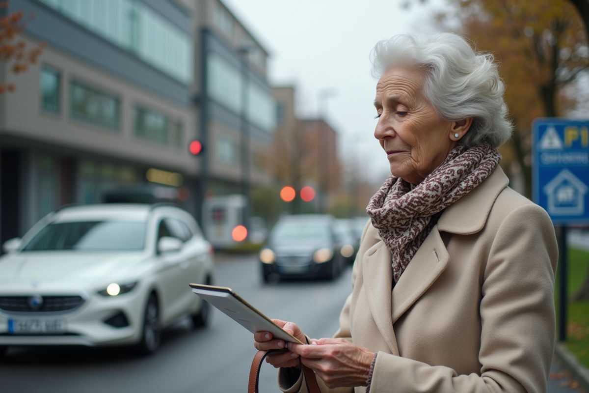 Femme âgée lisant un panneau d