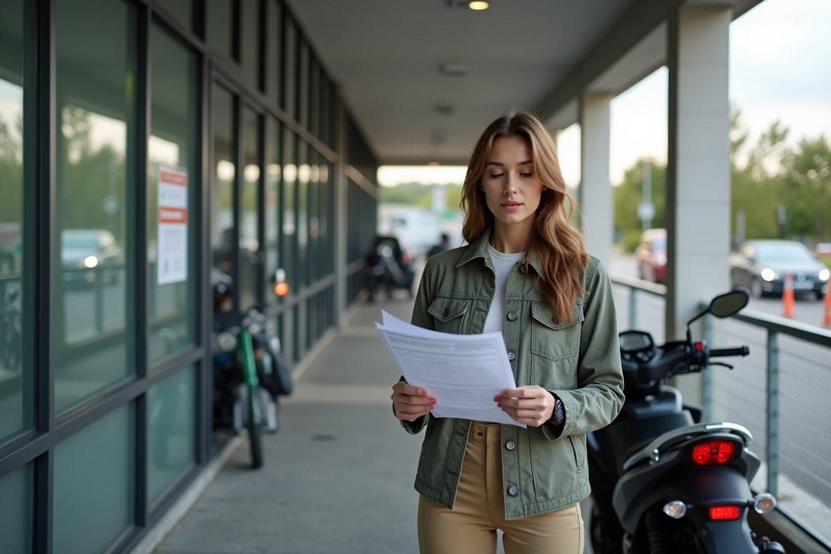 Femme vérifiant son permis moto à côté d