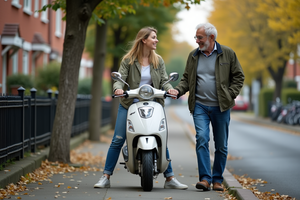 Jeune femme négociant avec un vendeur de scooter dans un quartier résidentiel