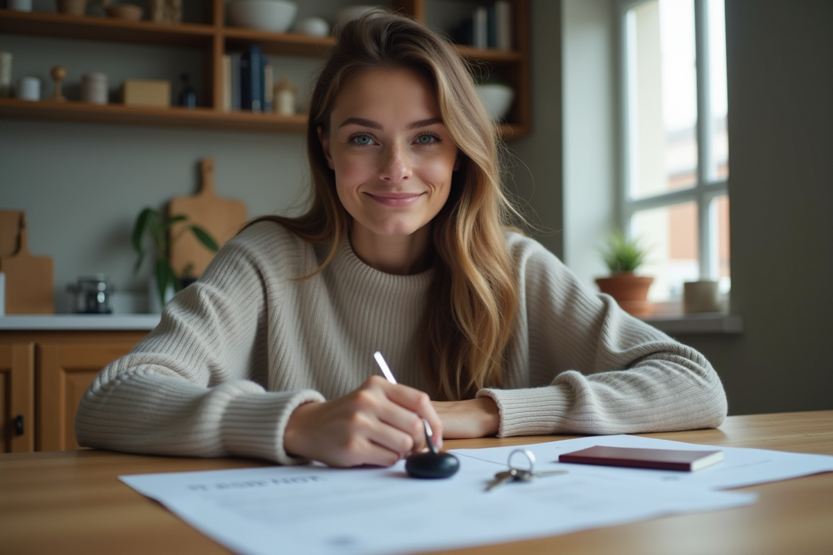 Jeune femme avec papiers et clés dans une cuisine moderne