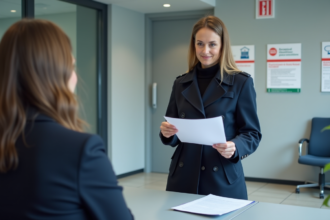 Femme en préfecture avec documents officiels