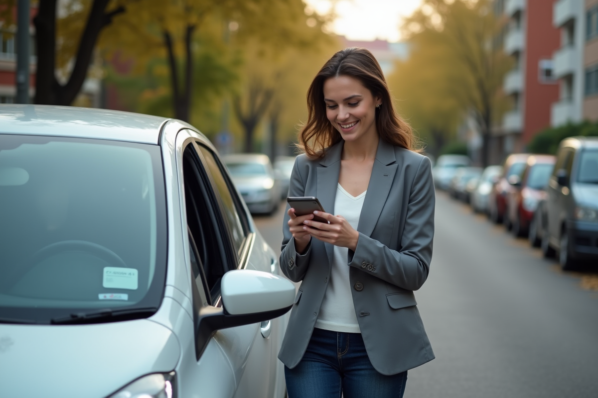 Jeune femme souriante utilisant une application sur smartphone à côté de sa voiture