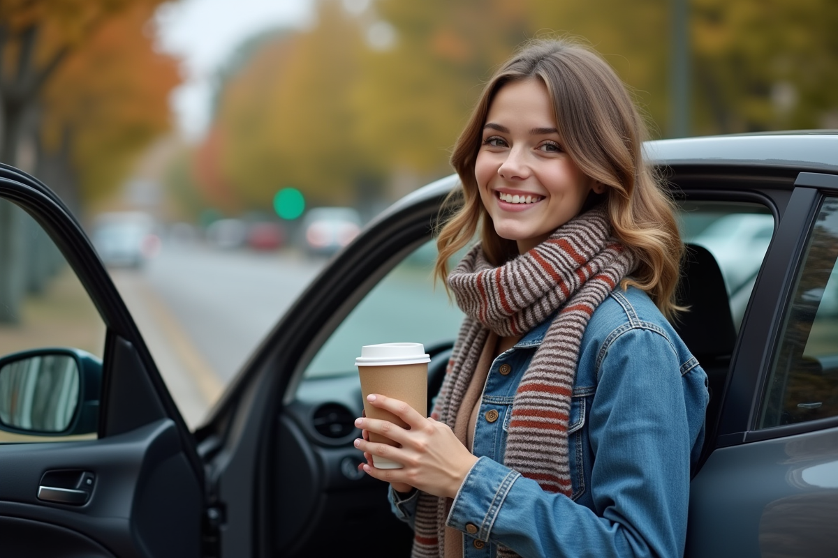 Jeune femme souriante entrant dans une voiture en ville