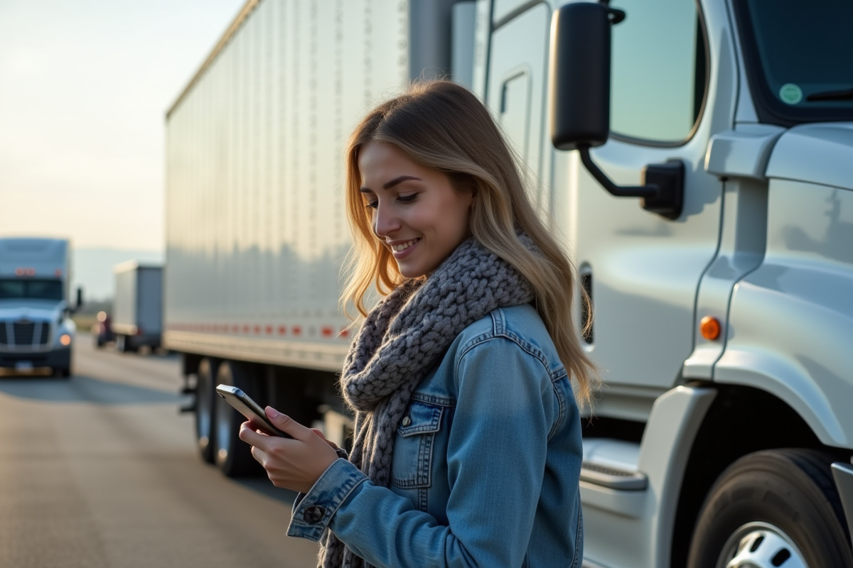 Jeune femme souriante à côté d’un camion au relais routier