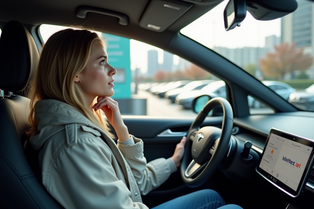 Jeune femme dans une voiture électrique en station de recharge