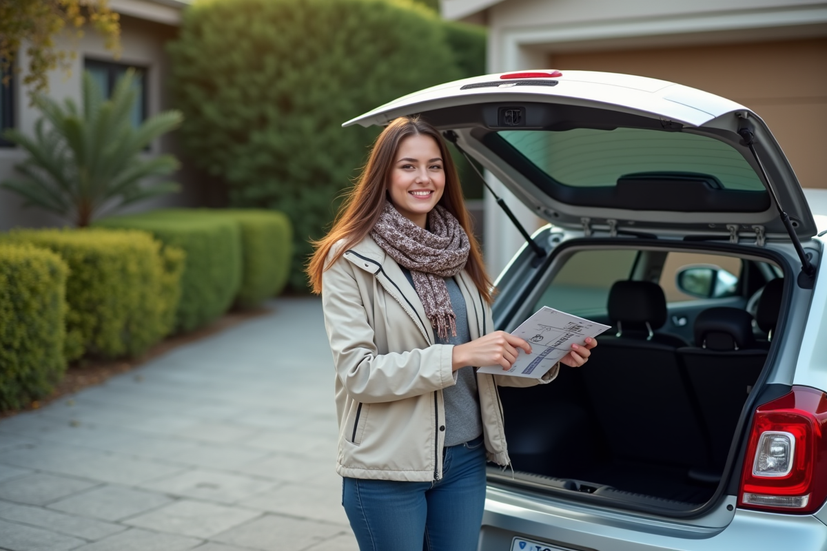 Jeune femme pointant le GPS dans sa voiture devant sa maison