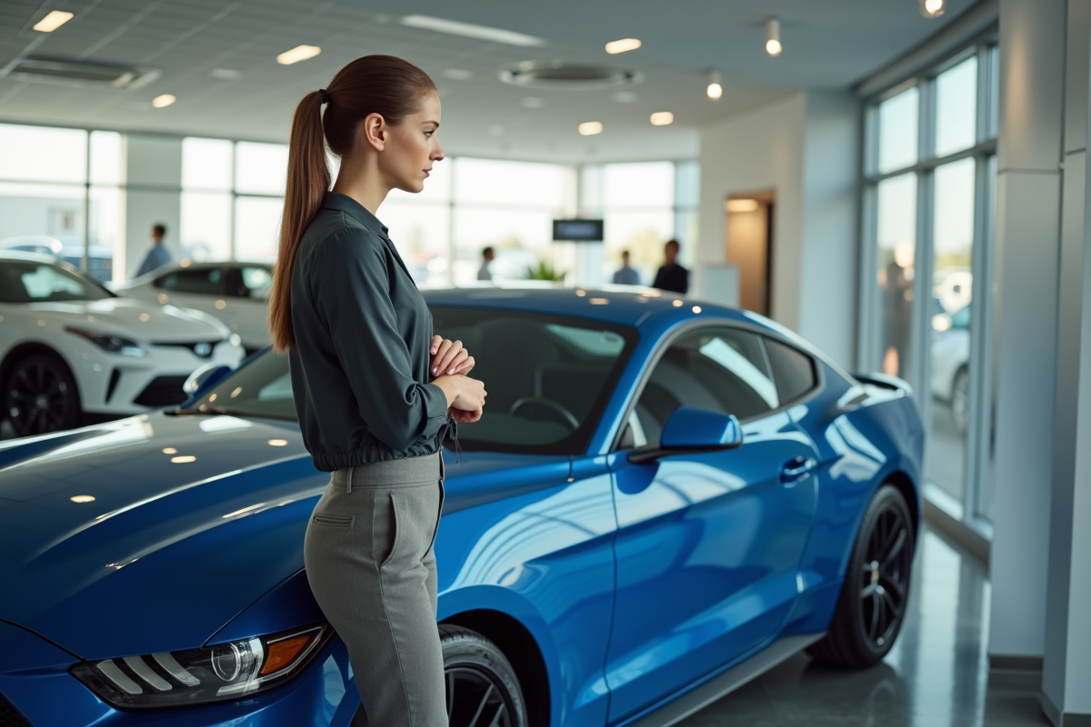 Femme examine une voiture dans un showroom moderne