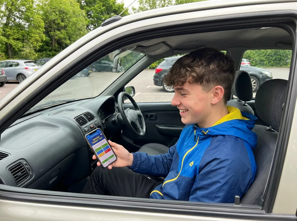 Garçon souriant faisant un quiz de conduite dans une voiture