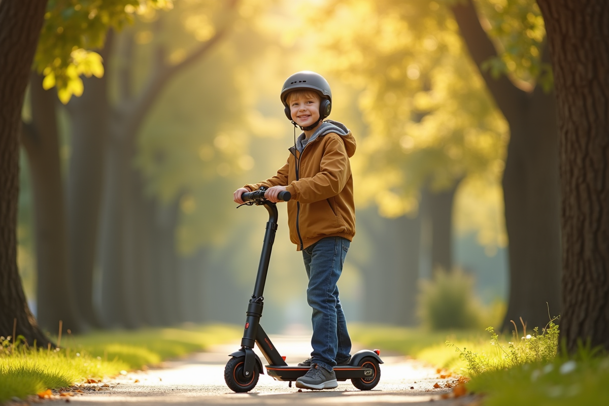 Garçon avec casque souriant dans un parc arboré avec son scooter