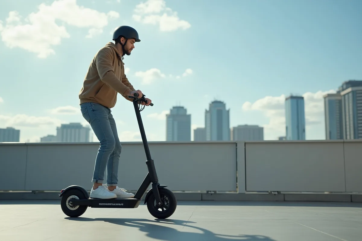 Trottinette électrique en milieu urbain avec des passants et des bâtiments en arrière-plan