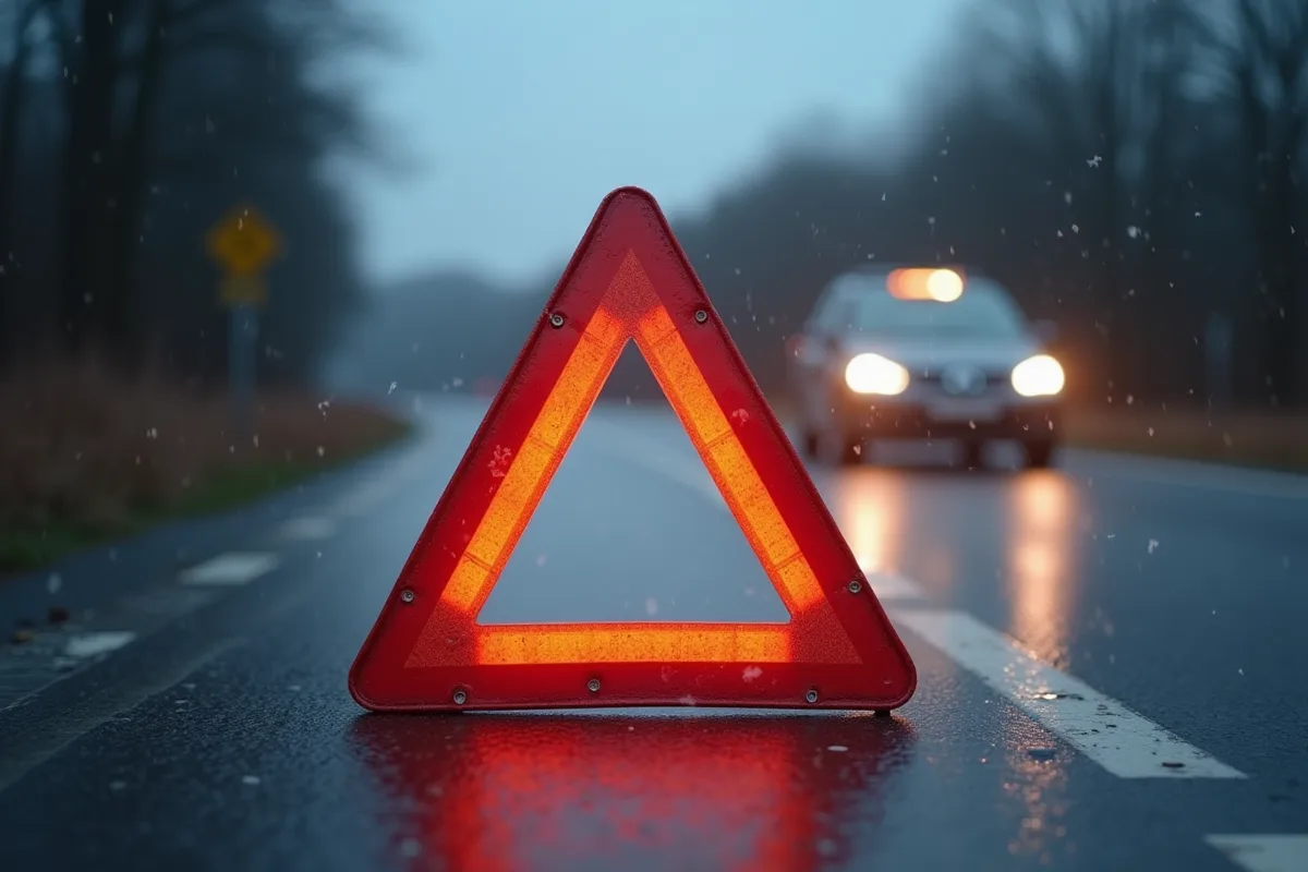 Triangle de signalisation conforme aux normes européennes sur une route