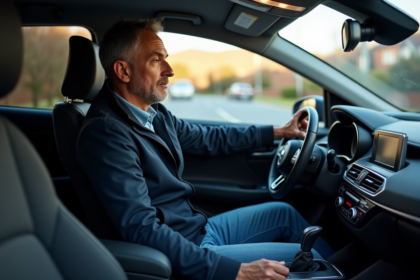 Homme en voiture activant les feux avant dans un environnement résidentiel