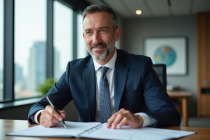 Homme d'affaires en costume navy dans un bureau moderne