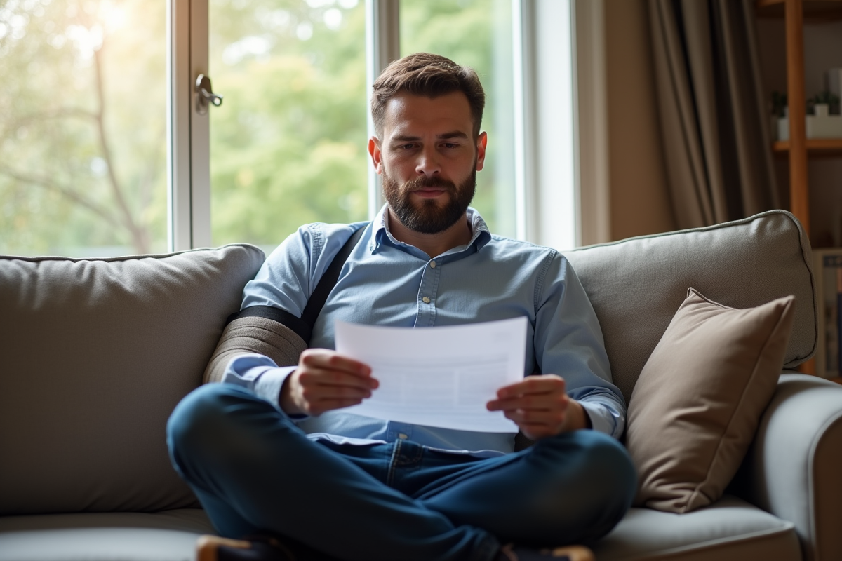 Homme avec une attelle lisant un contrat d