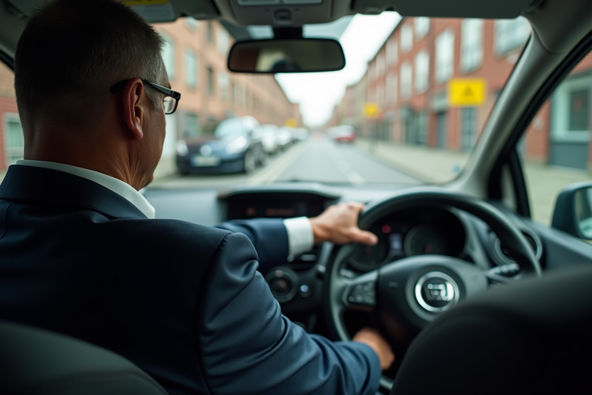 Homme concentré lors de son examen de conduite en ville