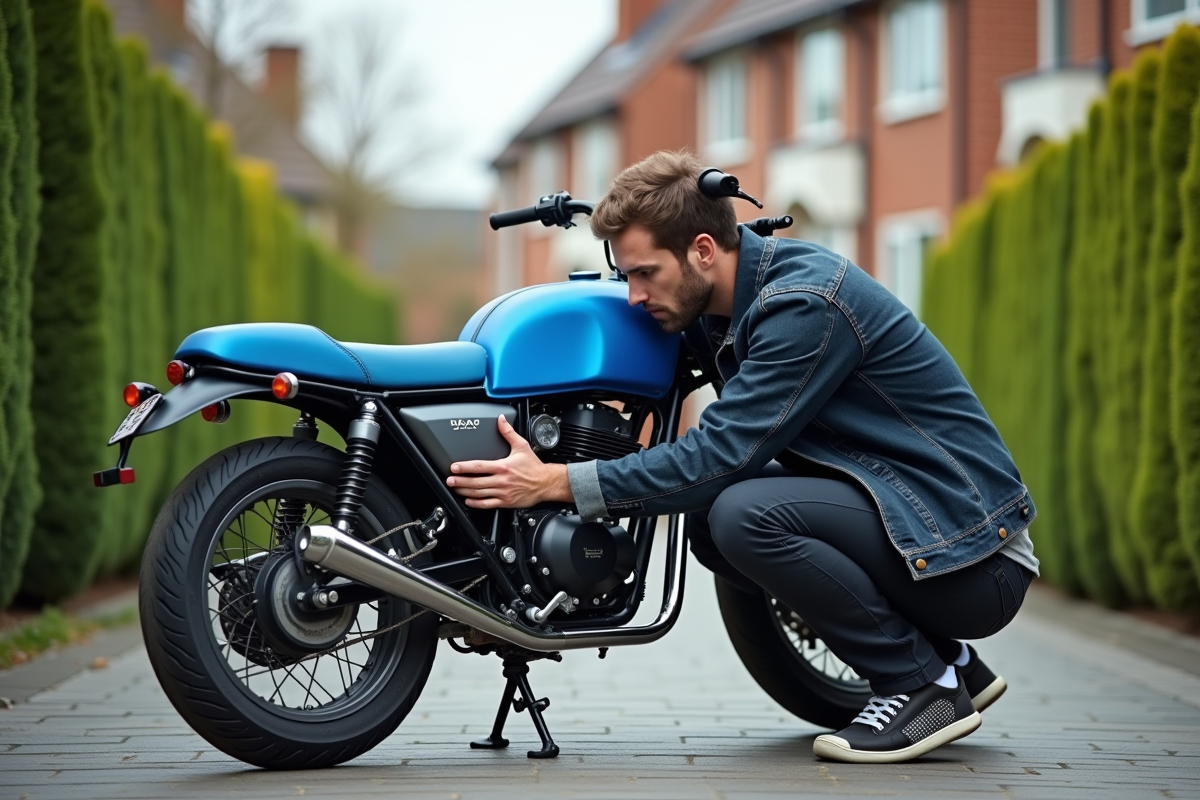 Homme en denim pose une selle bleue sur une moto Dax