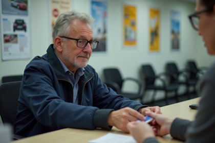 Homme d'âge moyen remettant son permis au guichet