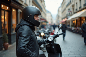 Homme en moto jacket et casque à côté de son scooter à Paris