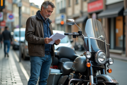 Homme vérifiant documents à côté de sa moto en ville